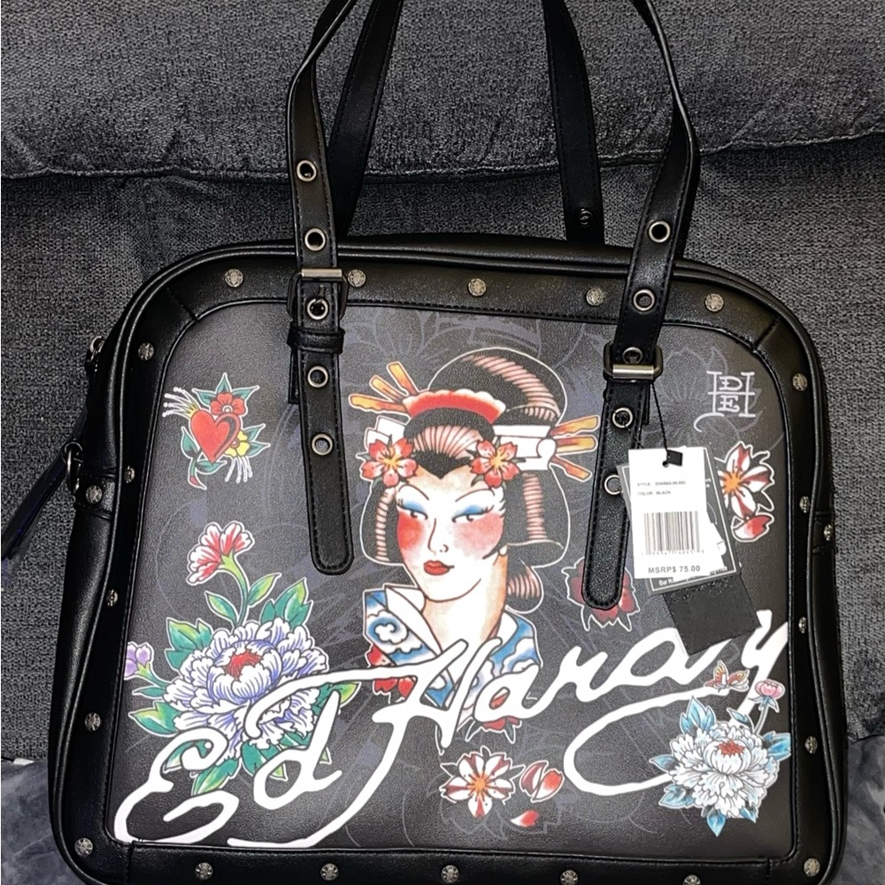 NWT Ed Hardy Geisha Girl Black Floral Purse with Optional Crossbody Strap